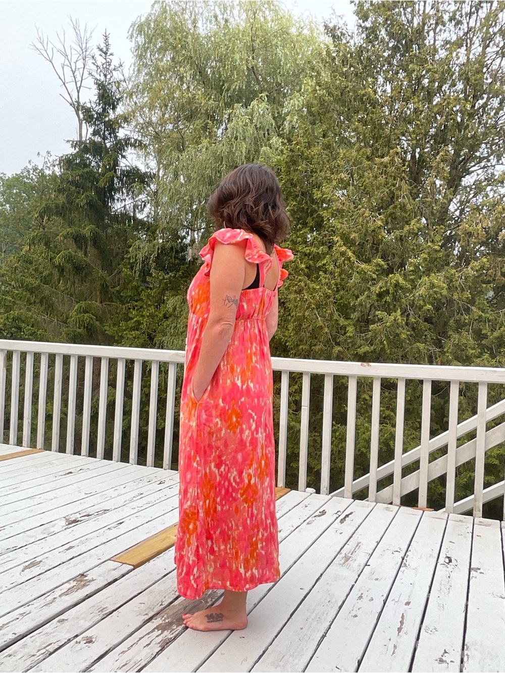 Time and Tru Pink Orange Floral Maxi Dress Adjustable Straps Pockets 8-10 cotton - Picture 5 of 11